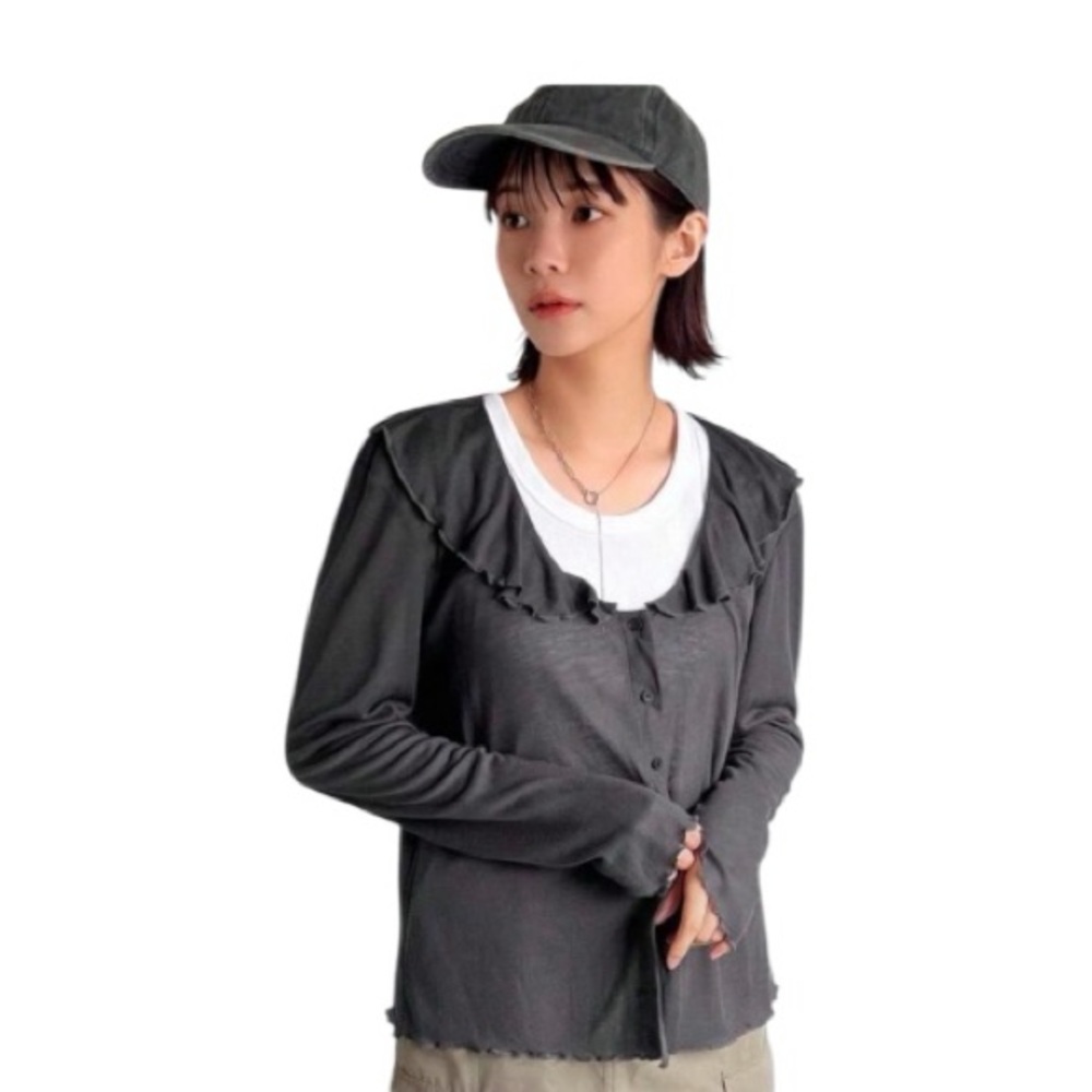 Boutique gray Ruffled lightweight cardigan